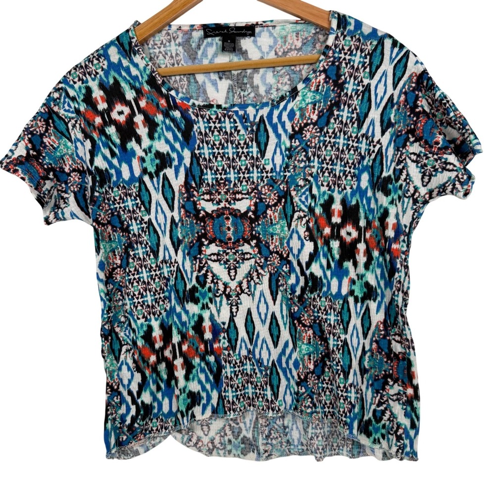 French Laundry Top Womens‎ Small Blue Geometric Ikat  Short Sleeve Scoop Neck